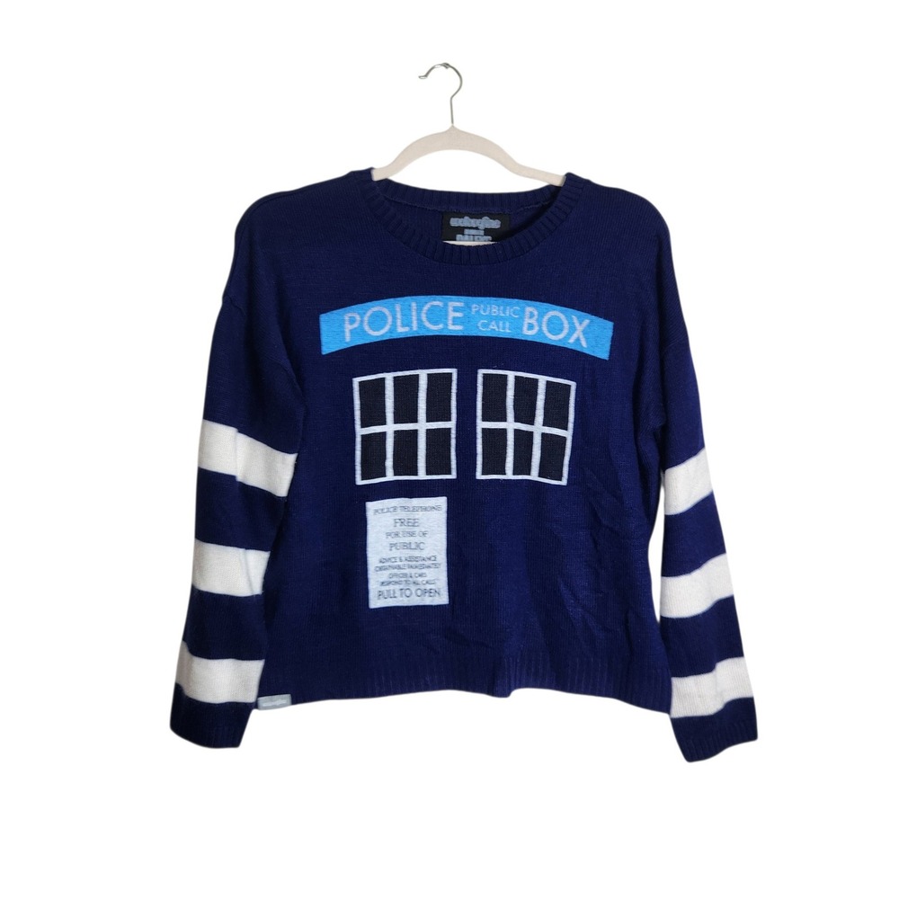 WeLoveFine Dr Who TARDIS Knit Sweater Blue White Striped XXL Police Box Daleks